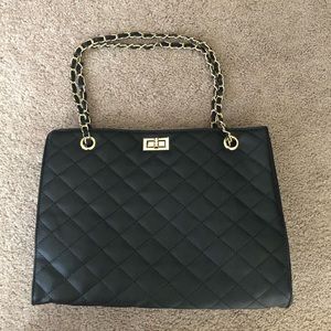 Black Quilted Shoulder Bag Gold Chain Braided Handle and Clasp